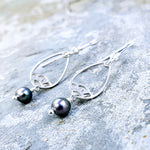 Pikake Earrings - Sterling Silver Pikake Flower with Black Freshwater Pearls