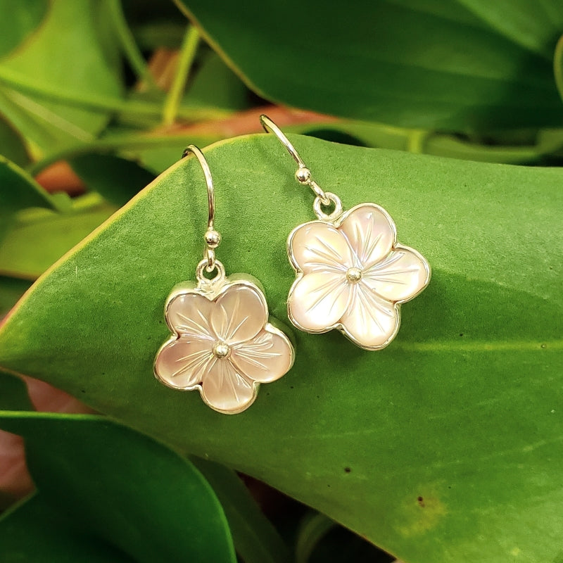 Mother of Pearl Color Blossom Earrings in Sterling Silver color\/style:round White Dangle