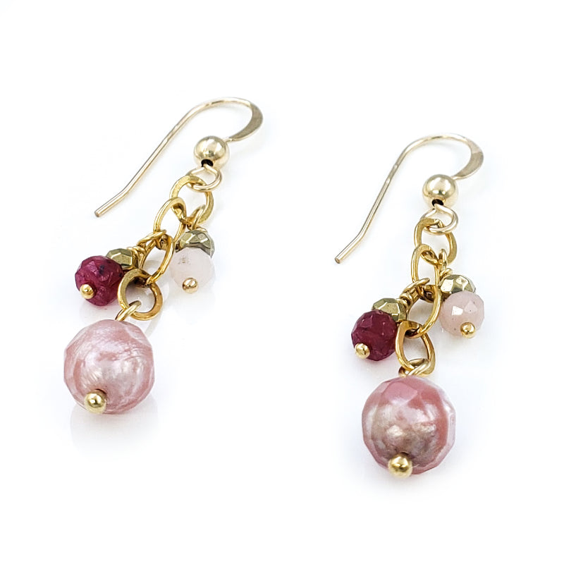 Pink Opal and Rubies Gold Earrings