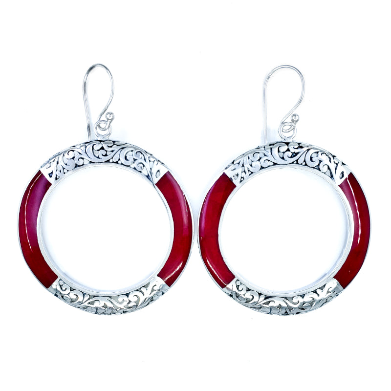 Large Sterling Silver & Red Coral Hoop Earrings