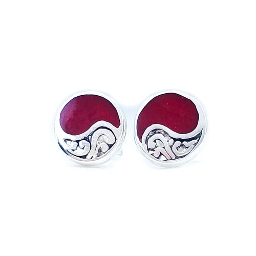Round Sterling Silver & Red Coral Stud Earrings