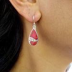 Small Droplet Red Coral Earrings with Filigreed Sterling Silver Waves