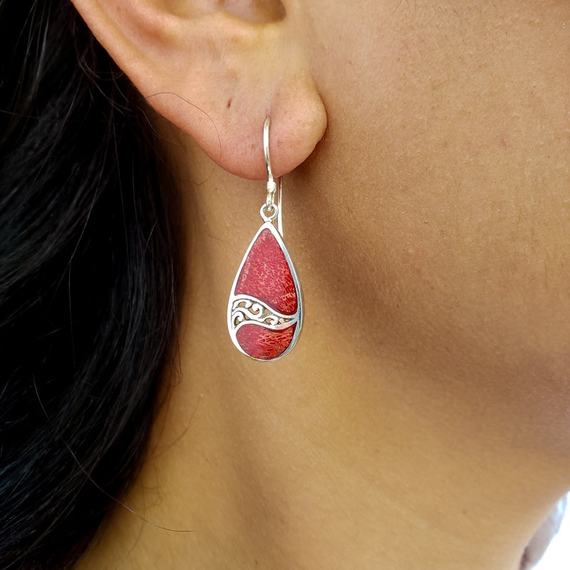 Small Droplet Red Coral Earrings with Filigreed Sterling Silver Waves