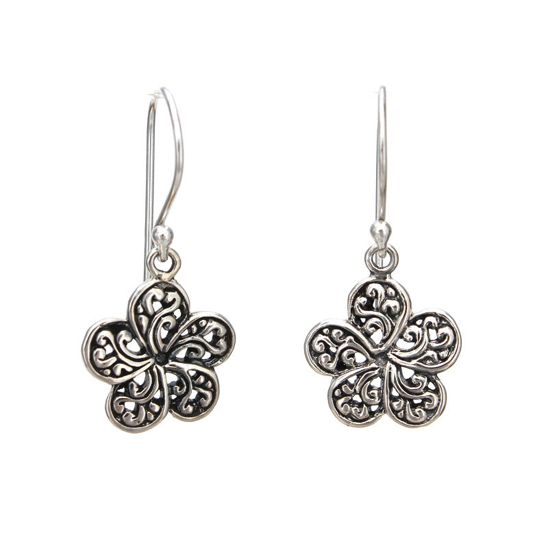 Small Ornate Sterling Silver Plumeria Flower Earrings