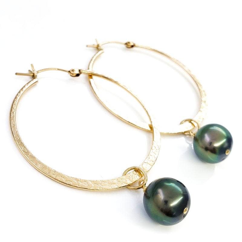 11mm Tahitian Pearls on 1-1/2" Large Textured Gold Filled Hoop Earrings