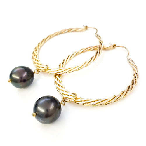 11mm Tahitian Pearls on 1-1/2" Woven Gold Filled Hoop Earrings