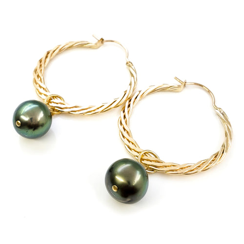 10mm Tahitian Pearls on 1-1/8” Woven Gold Filled Hoop Earrings