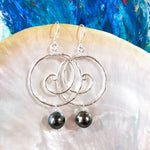 Large Hammered Sterling Silver Wave Earrings with Tahitian Pearls