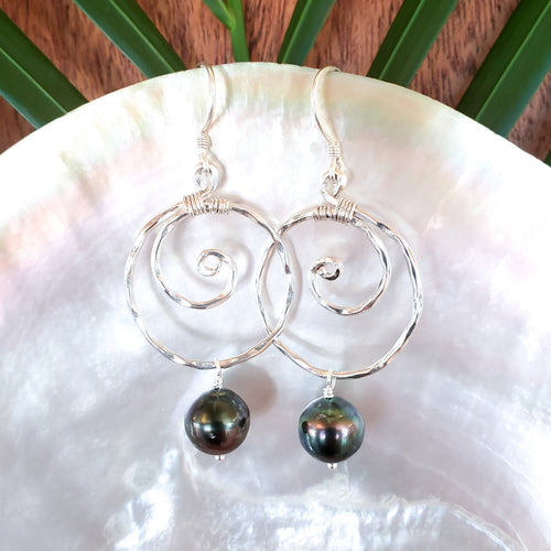 Small Hammered Sterling Silver Wave Earrings with Tahitian Pearls