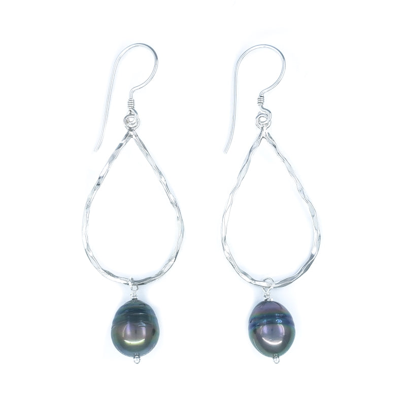 Small Hammered Sterling Silver Drop Earrings with Tahitian Pearls