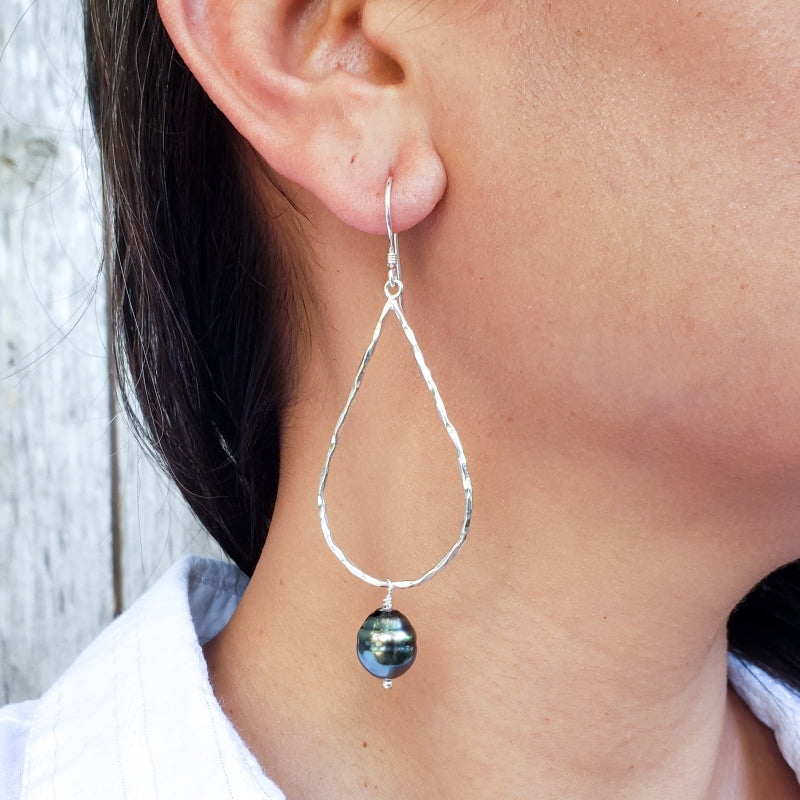 Large Hammered Sterling Silver Drop Earrings with Tahitian Pearls