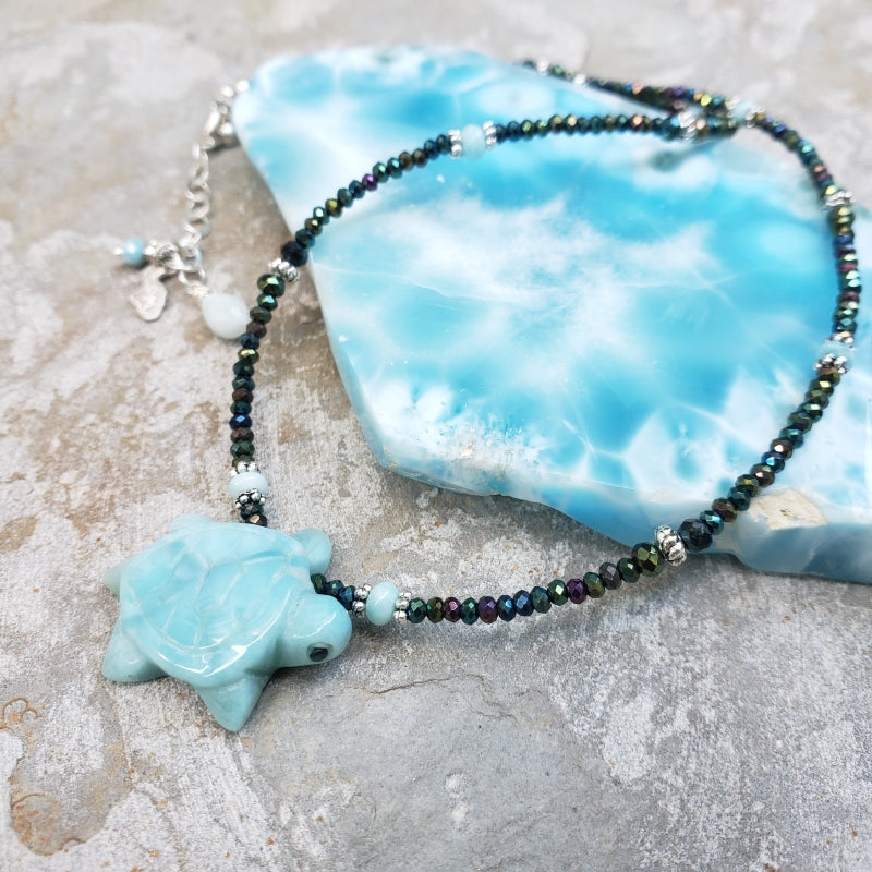 Hematite & Sterling Silver Necklace with Larimar Turtle