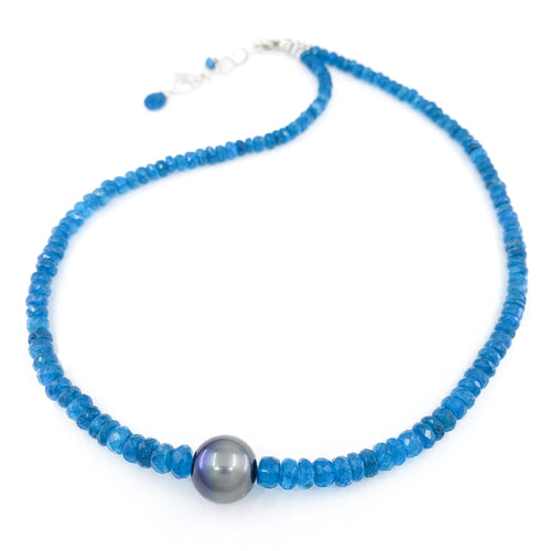 Beaded Apatite & Sterling Silver Necklace with 11mm Tahitian Pearl