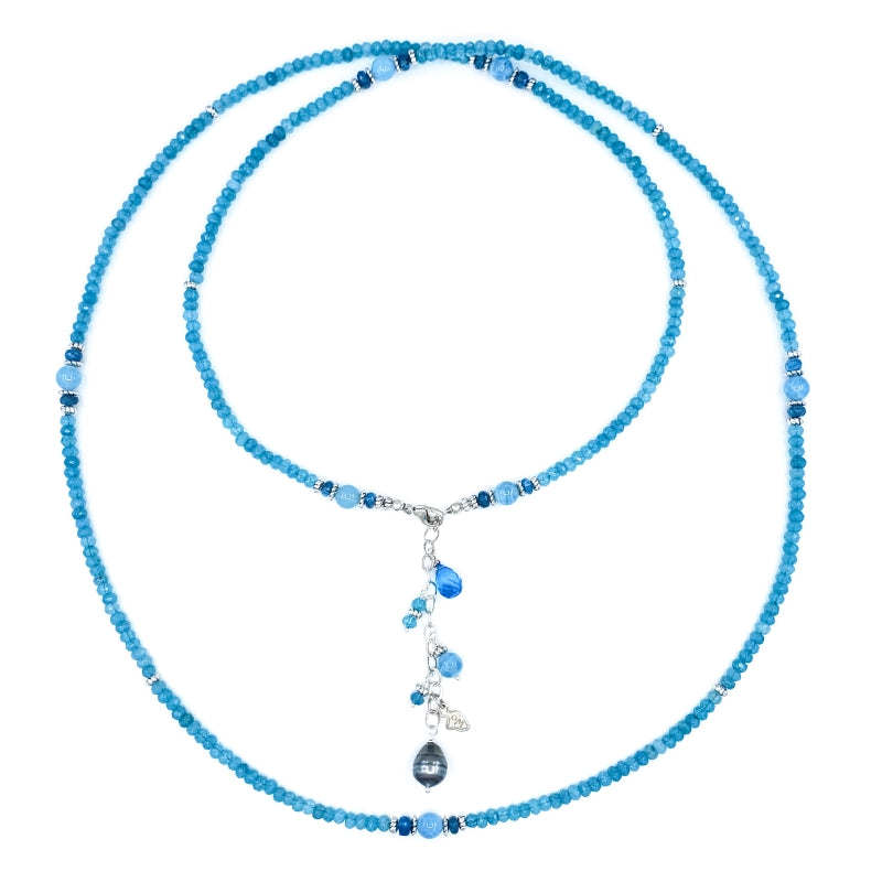 Long Apatite Necklace with Sterling Silver Beads and Tahitian Pearl