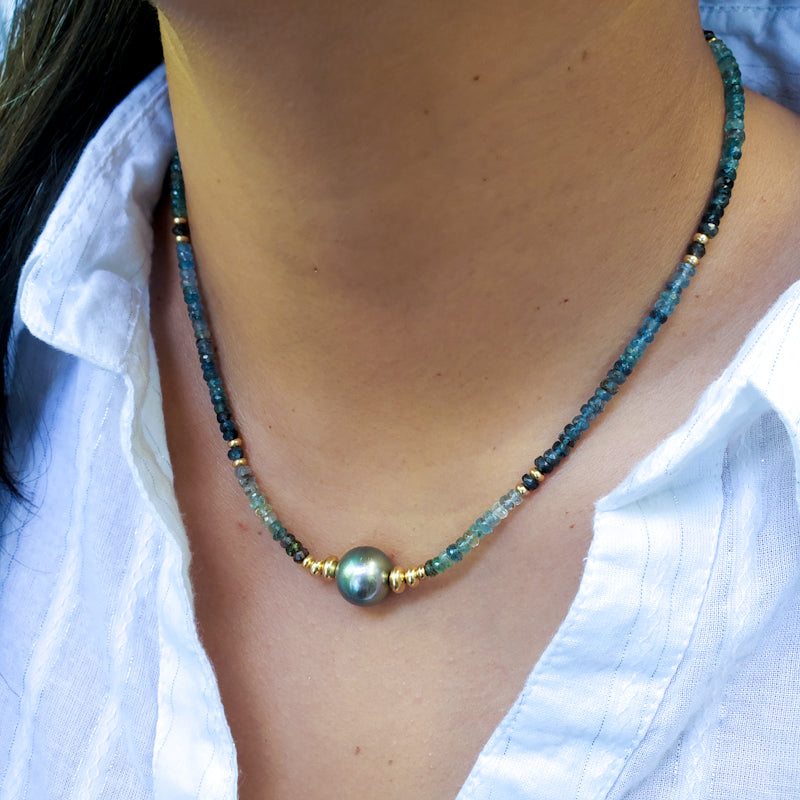 Aqua Gemstones Necklace with Gray Tahitian Pearl