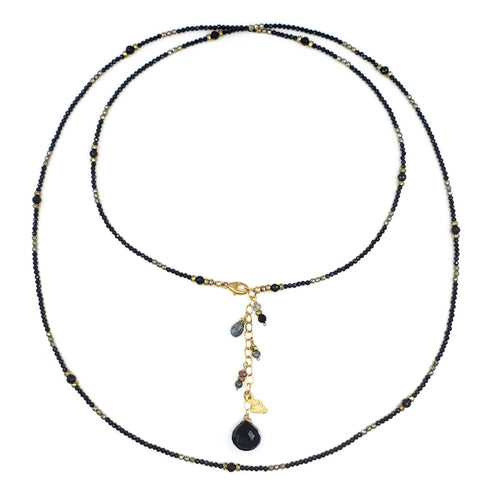 Long Black Spinel Necklace with Pyrite