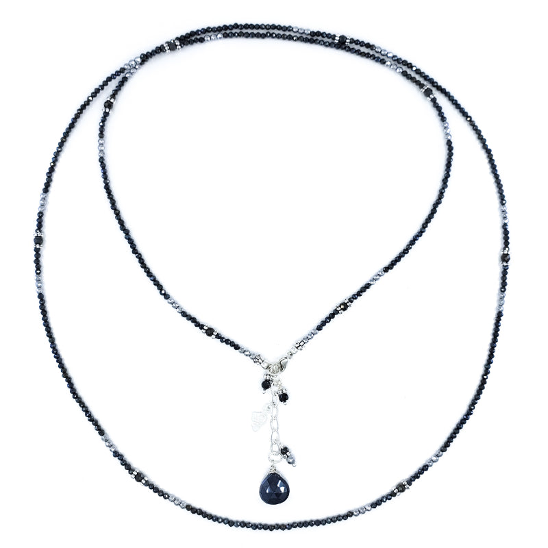 Long Black Spinel and Hematite Necklace in Sterling Silver
