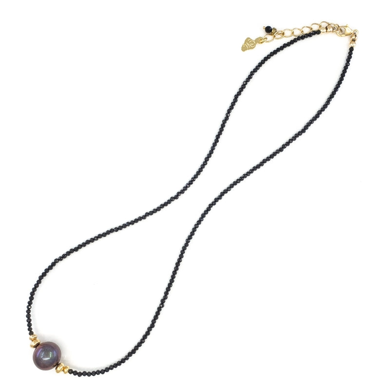 Black Spinel Necklace with 10mm Dark Freshwater Pearl