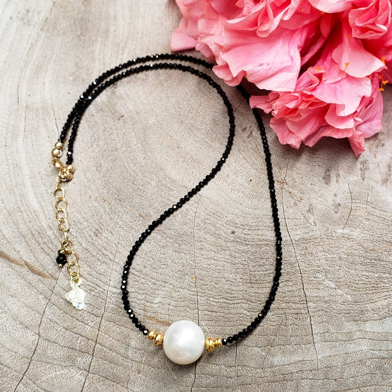 Black Spinel Necklace with 11mm White Freshwater Pearl