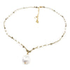 Taupe Braided Necklace with Gold Gemstone Beads and White Fireball Pearl
