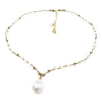 Taupe Braided Necklace with Gold Gemstone Beads and White Fireball Pearl