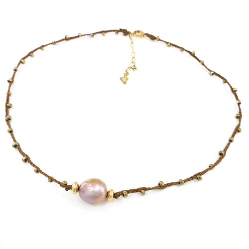 Brown Braided Necklace with Gold Gemstone Beads and Pink Fireball Pearl