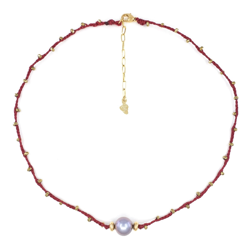 Red Braided Necklace with Gold Gemstone Beads and Pink Freshwater Pearl