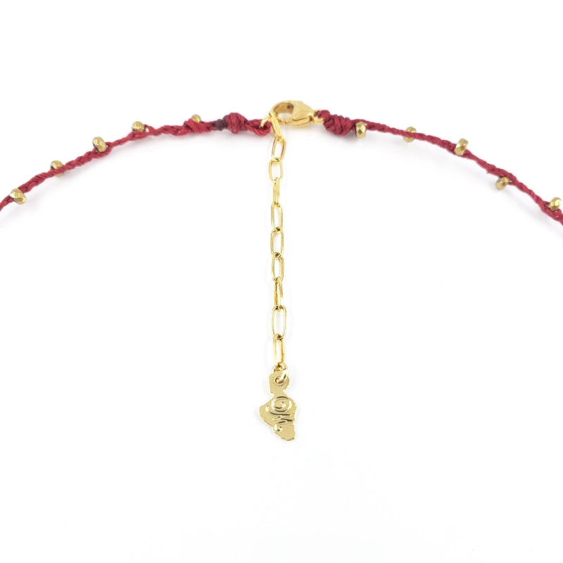 Red Braided Necklace with Gold Gemstone Beads and Pink Freshwater Pearl