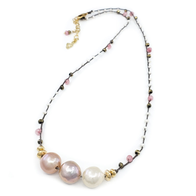 Gray Braided Necklace with Pink and Gold Gem Beads and 3 Fireball Pearls
