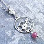 Wailea Necklace - Silver Hibiscus with Pink Tourmaline on 16”, 18” or 20” Sterling Silver Chain