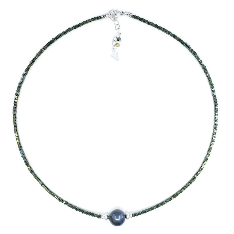 Green Hematite & Sterling Silver Necklace with 10mm Tahitian Pearl