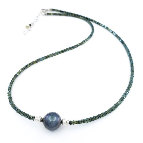 Green Hematite & Sterling Silver Necklace with 10mm Tahitian Pearl
