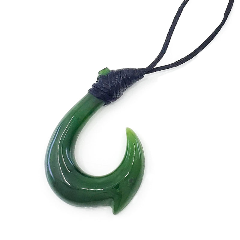 Jade Fish Hook Necklace with Adjustable Jade Beads on Black Nylon Cord