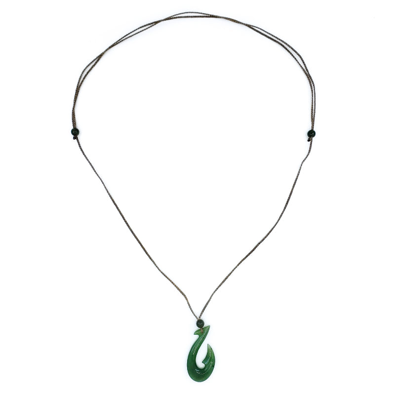 Jade Fish Hook Necklace with Adjustable Jade Beads on Hand Braided Brown Cord