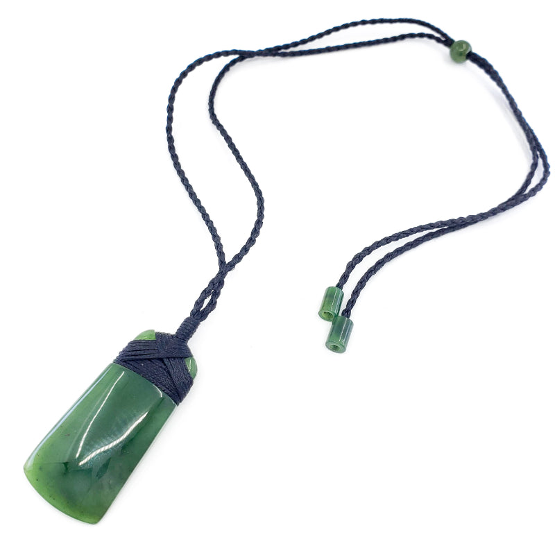 Jade Shovel Necklace with Adjustable Jade Beads on Hand Braided Black Cord