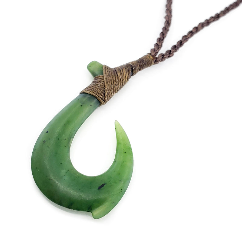Jade Fish Hook Necklace with Adjustable Jade Bead on Hand Braided Brown Cord