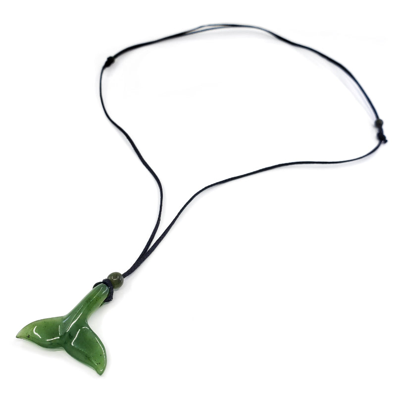 Jade Whale Tail Necklace with Adjustable Jade Beads on Black Nylon Cord