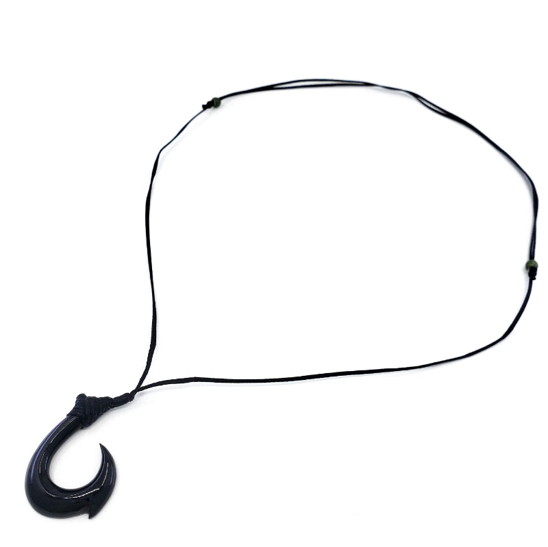 black jademaori fish hook Black Jade Fish Hook Necklace with Adjustable Jade Beads on Black Nylon Cord