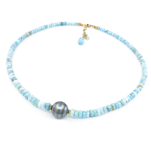 Larimar Necklace with 12mm Tahitian Pearl
