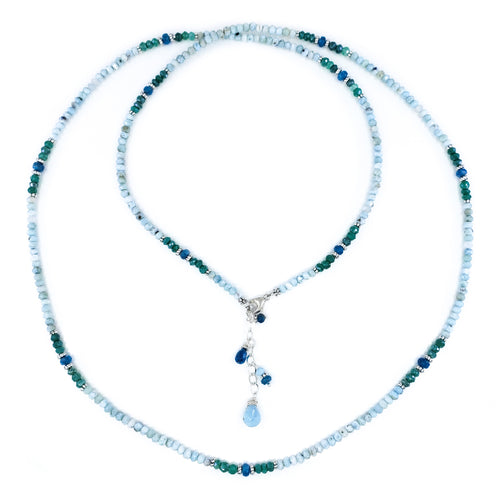 Long Larimar, Apatite, and Mystic Aventurine Necklace in Sterling Silver