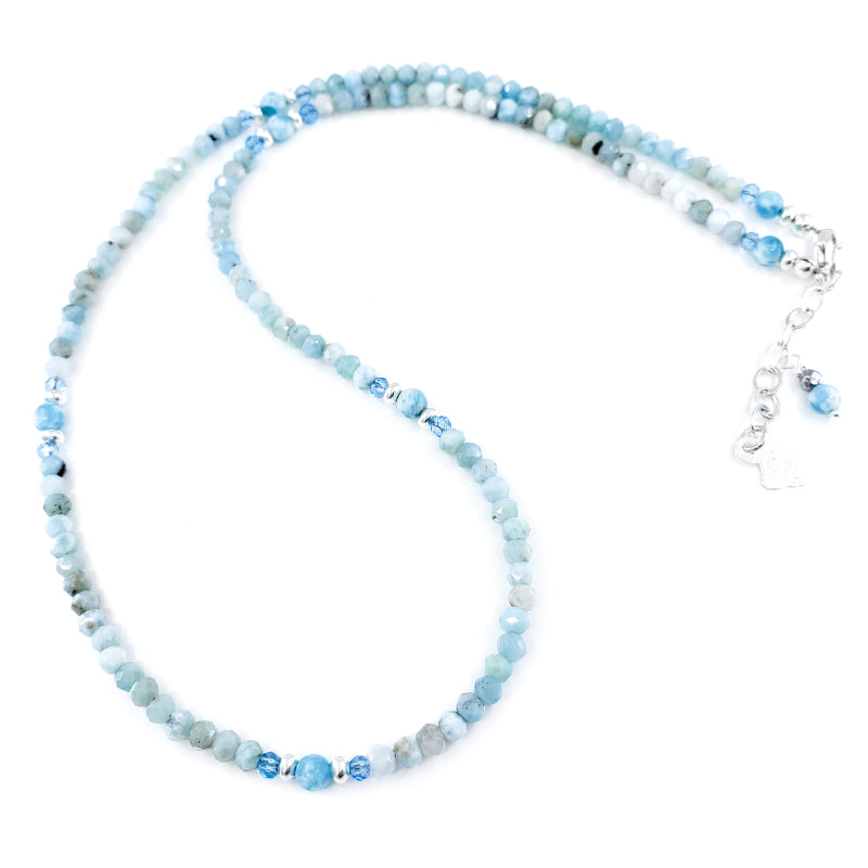 2mm or 3mm Beaded Larimar, Blue Topaz, and Sterling Silver Necklace