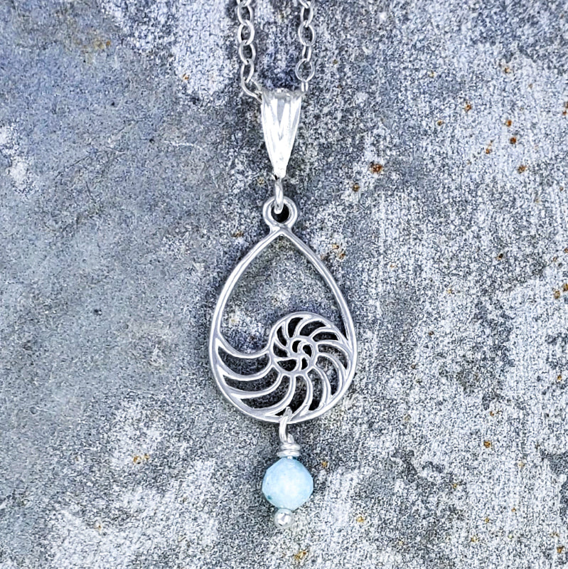 Moamoa Necklace - Sterling Silver Nautilus with Larimar on 16”, 18” or 20” Sterling Silver Chain
