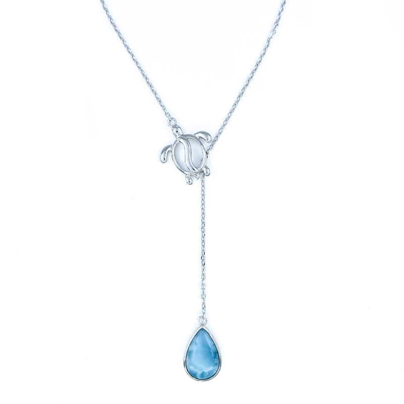 Sterling Silver Y-Style Necklace with Turtle and Larimar