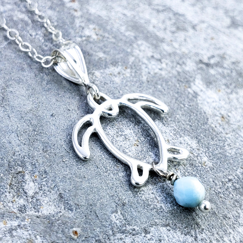 Honu Necklace - Sterling Silver Turtle with Larimar on 16”, 18” or 20” Sterling Silver Chain