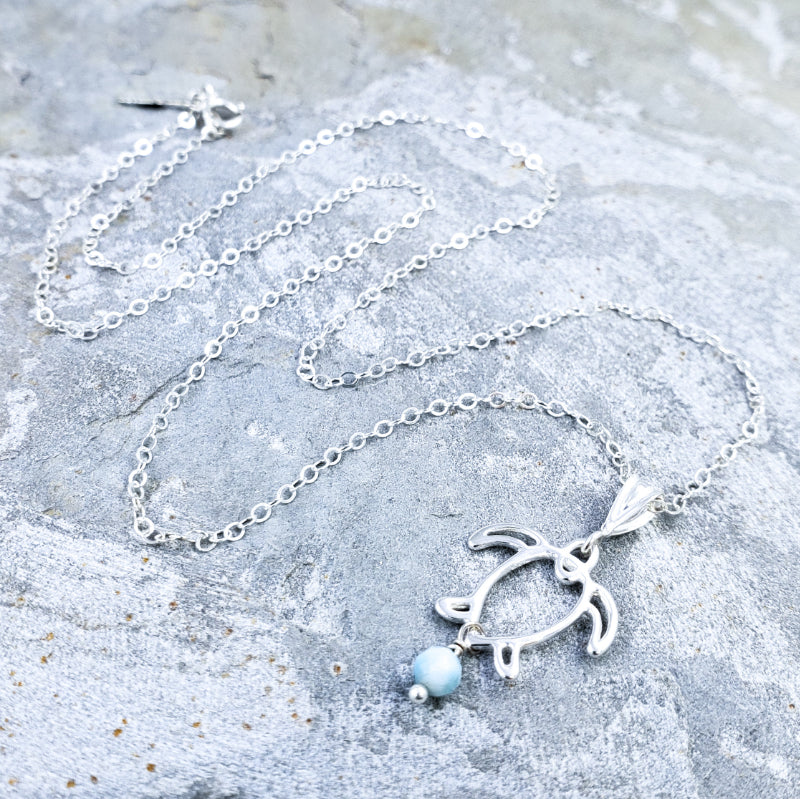 Honu Necklace - Sterling Silver Turtle with Larimar on 16”, 18” or 20” Sterling Silver Chain