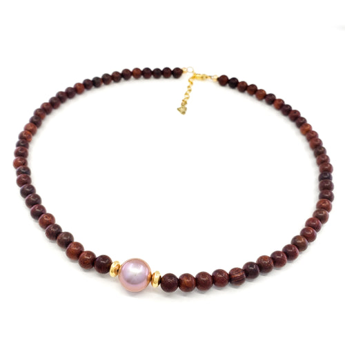 Monkeypod Wood Bead Necklace with 11mm Pink Edison Pearl