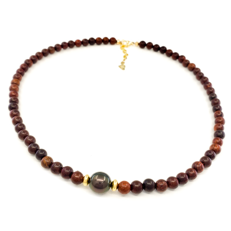Monkeypod Wood Bead Necklace with 10-11mm Tahitian Pearl
