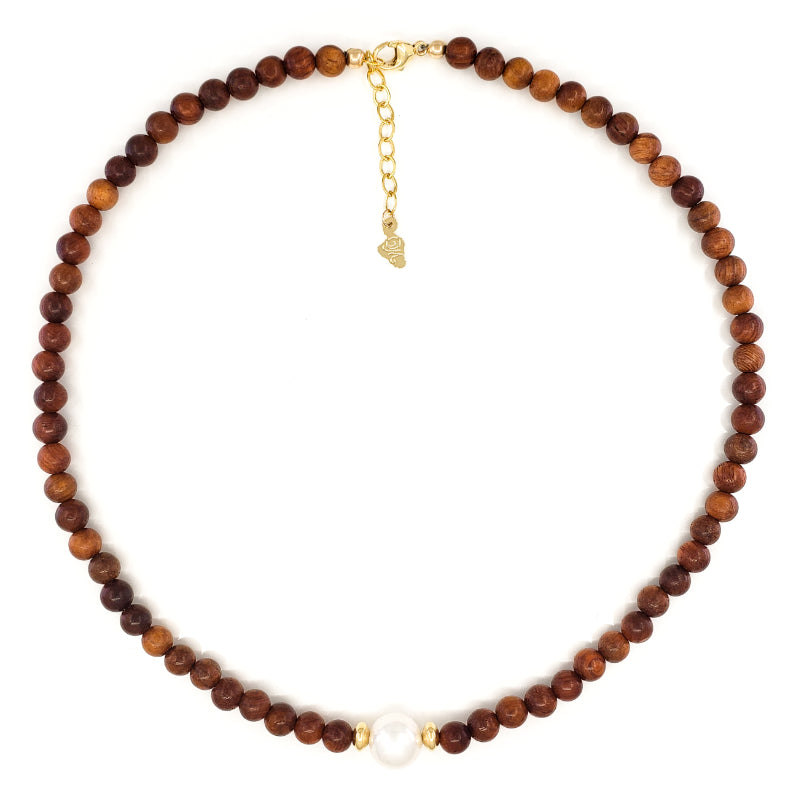 Monkeypod Wood Bead Necklace with 11mm White Edison Pearl