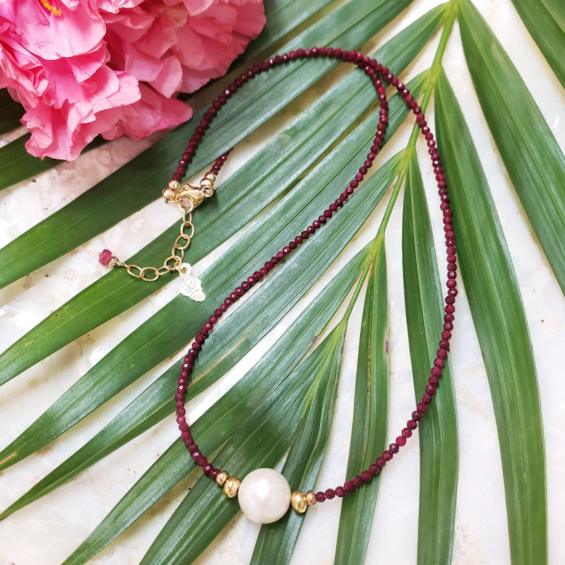 Rubies Necklace with 10mm White Freshwater Pearl