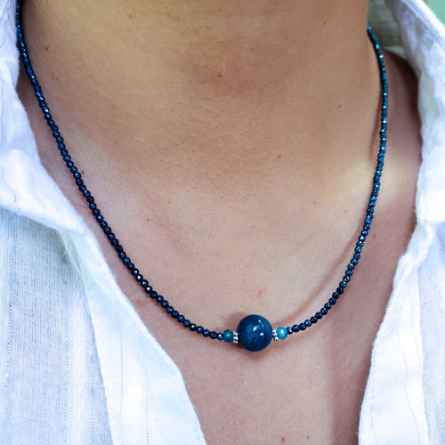Blue Hematite & Sterling Silver Necklace with 10mm Apatite Bead